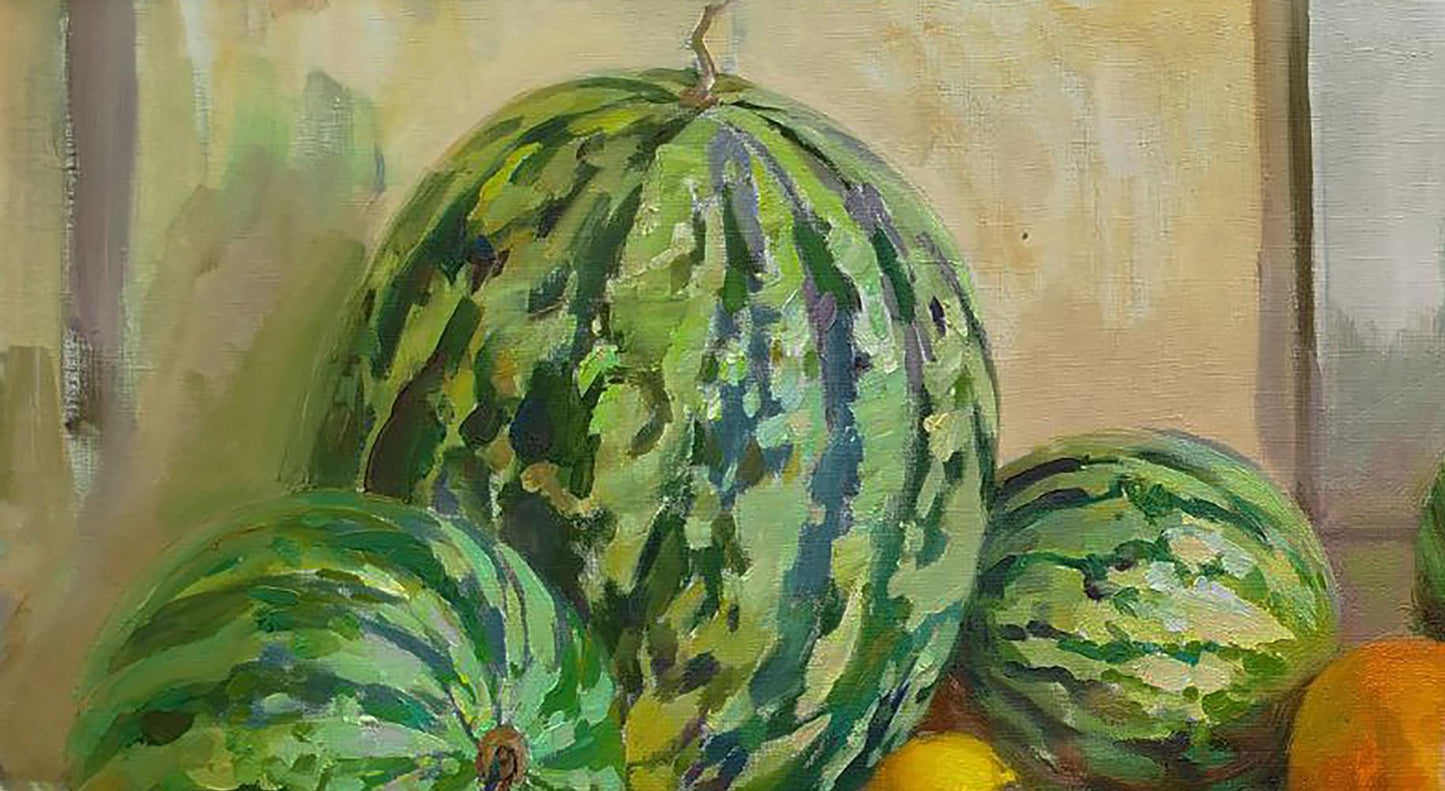 Oil painting of vibrant green striped watermelon by Leonid Pavlenko