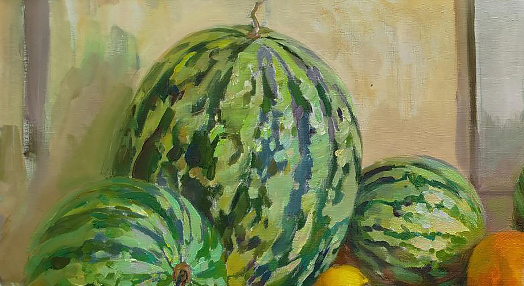 Oil painting of vibrant green striped watermelon by Leonid Pavlenko