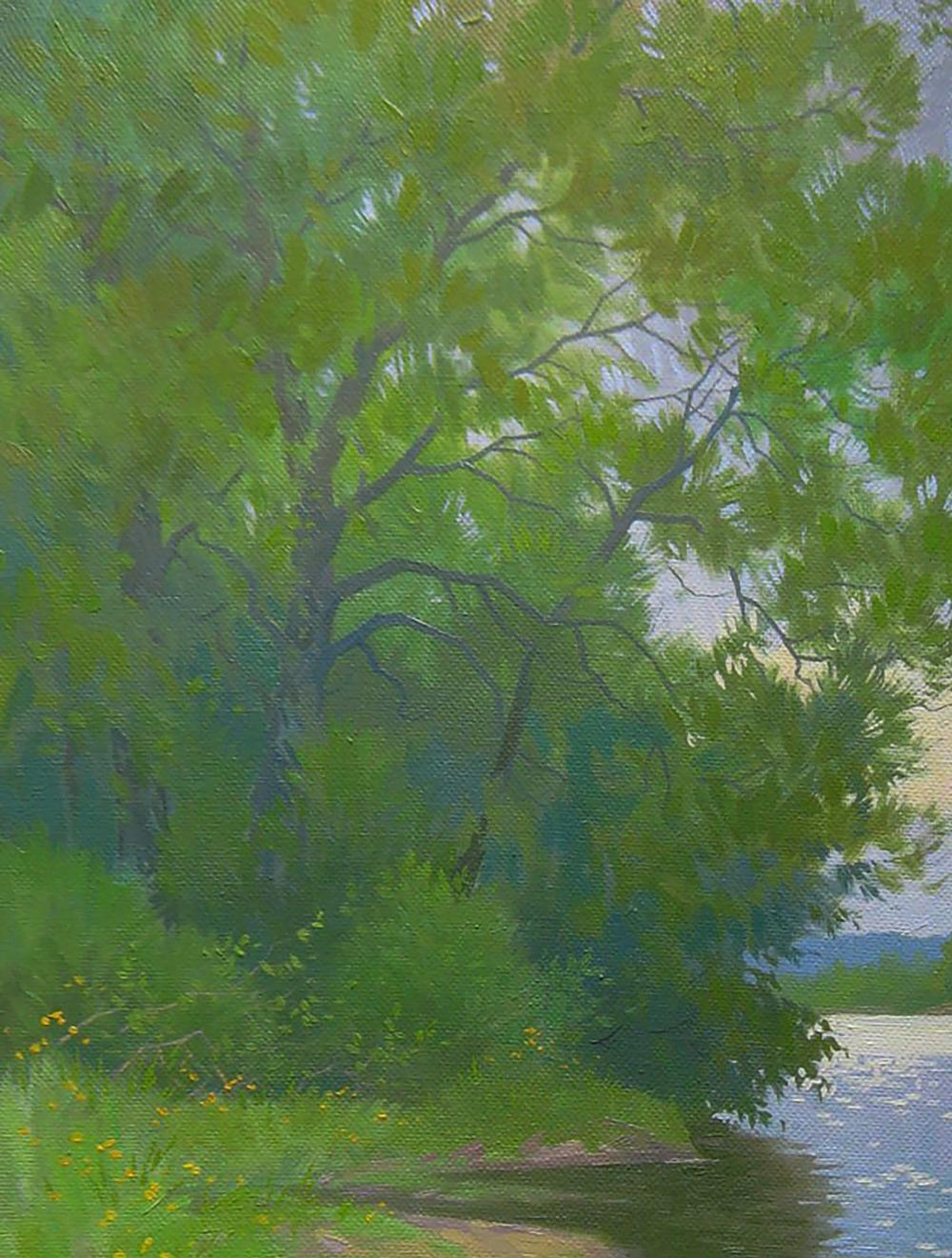 Oil painting of lush green tree by summer river by Valery Savenets