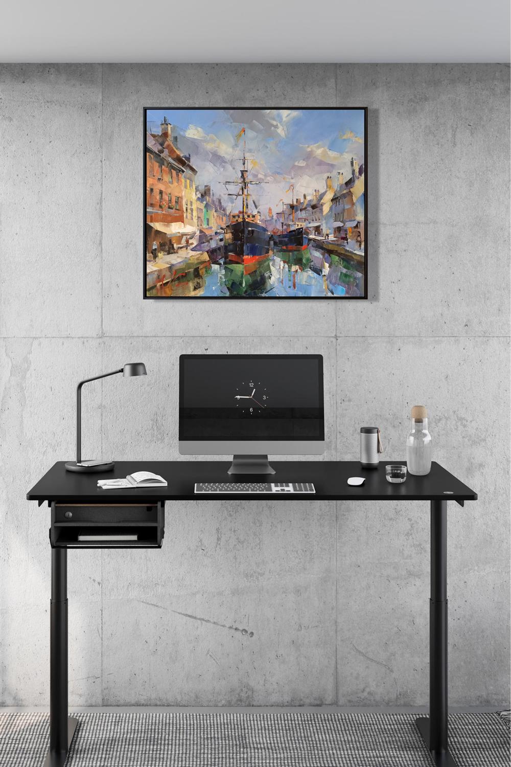 Black adjustable standing desk with drawer in Oil painting Fantasies of the Port of Gandia by Volodymyr Gluhomanyuk