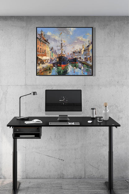 Black adjustable standing desk with drawer in Oil painting Fantasies of the Port of Gandia by Volodymyr Gluhomanyuk