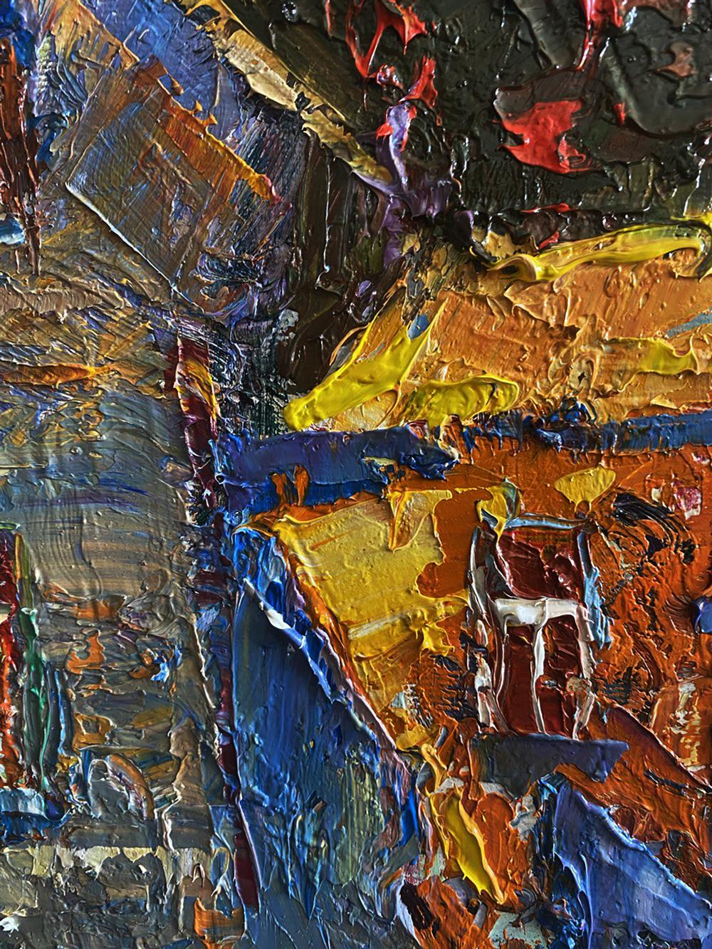 Vibrant Oleksiy Ivanyuk oil painting Quiet city courtyard in bold blues reds yellows oranges