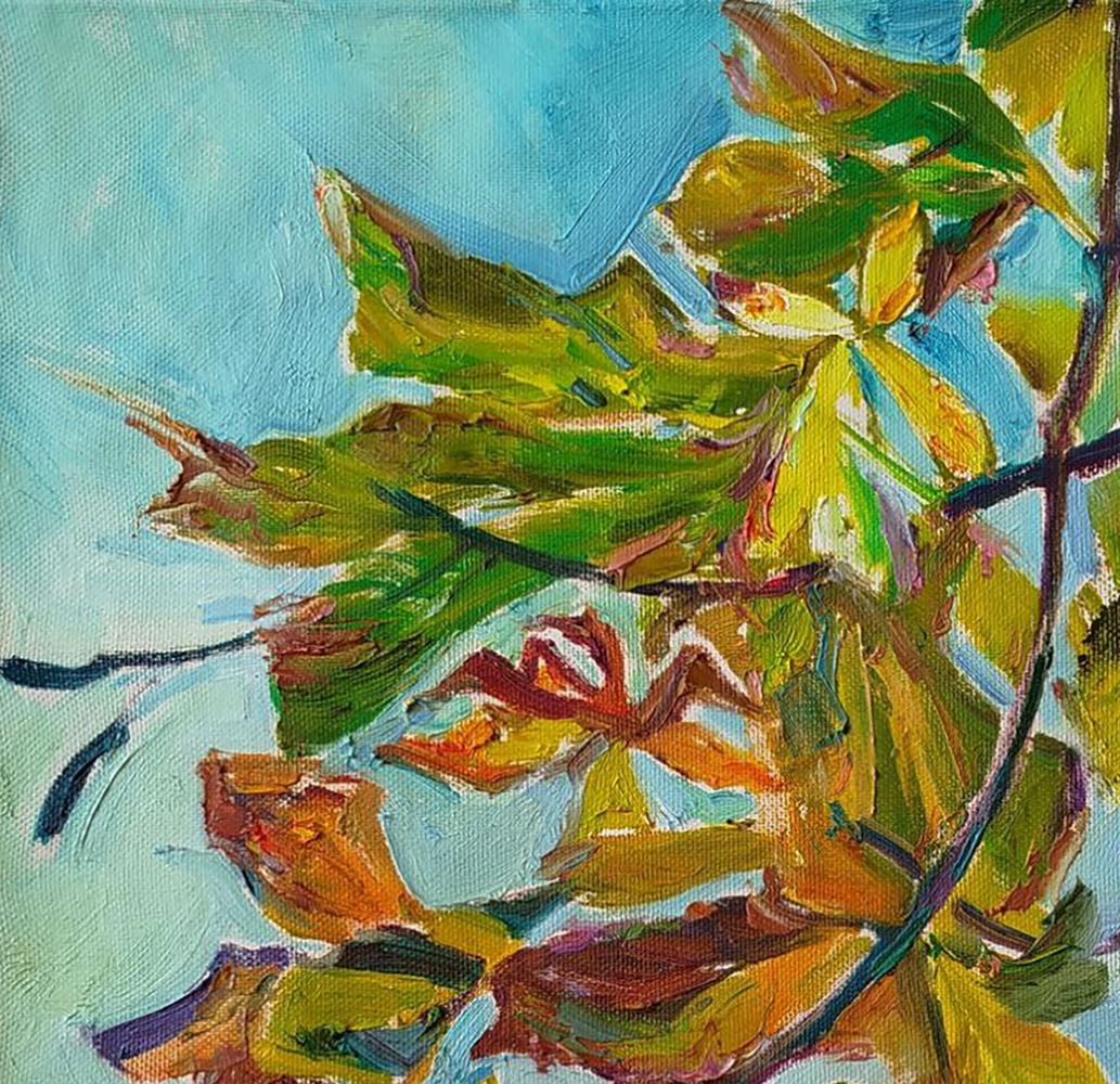Vibrant impressionist oil painting Chestnut leaves by Leonid Pavlenko