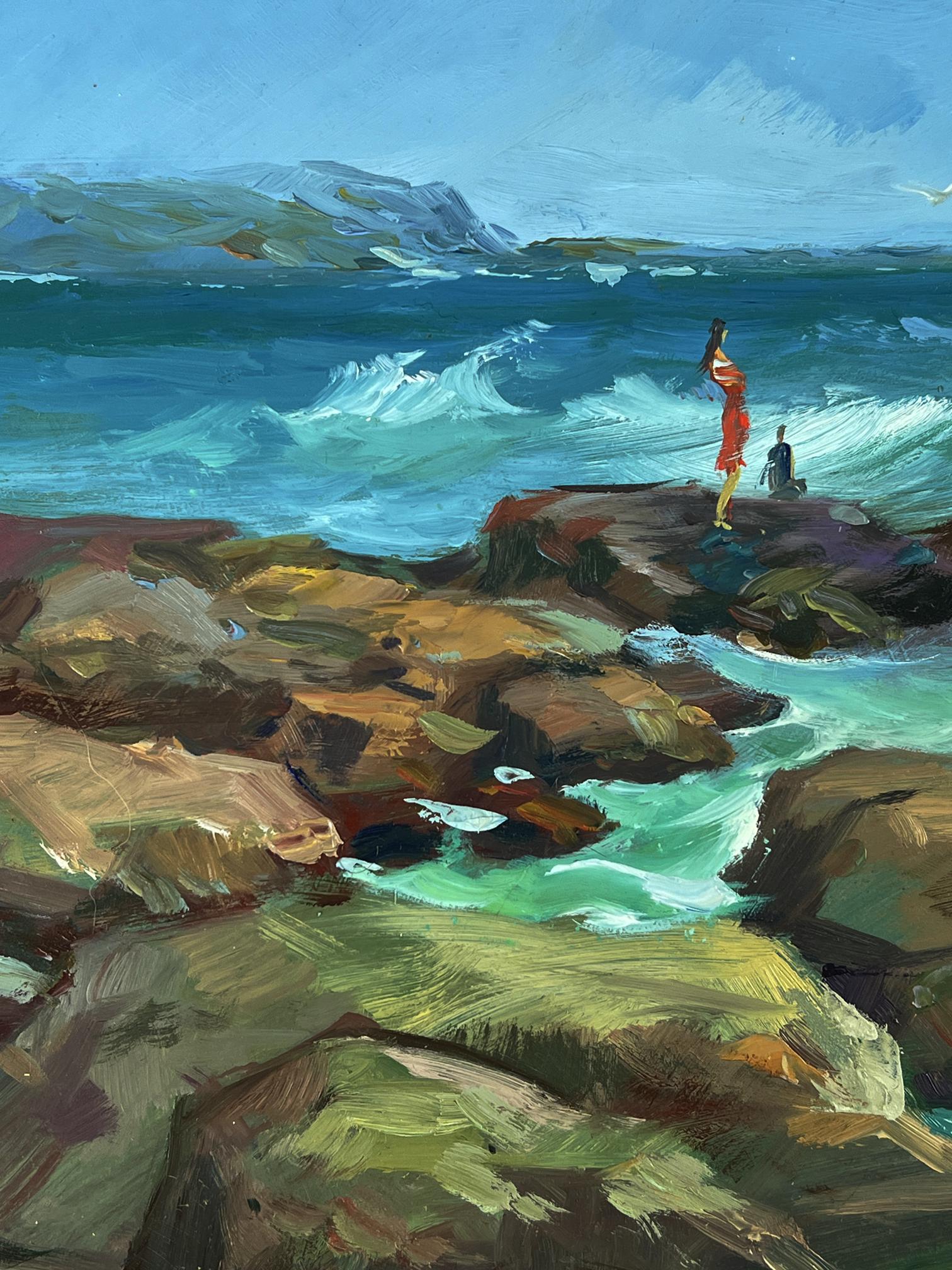 Oil painting by Yuriy Suprunchuk: woman in orange dress on mossy rocks by turquoise waves