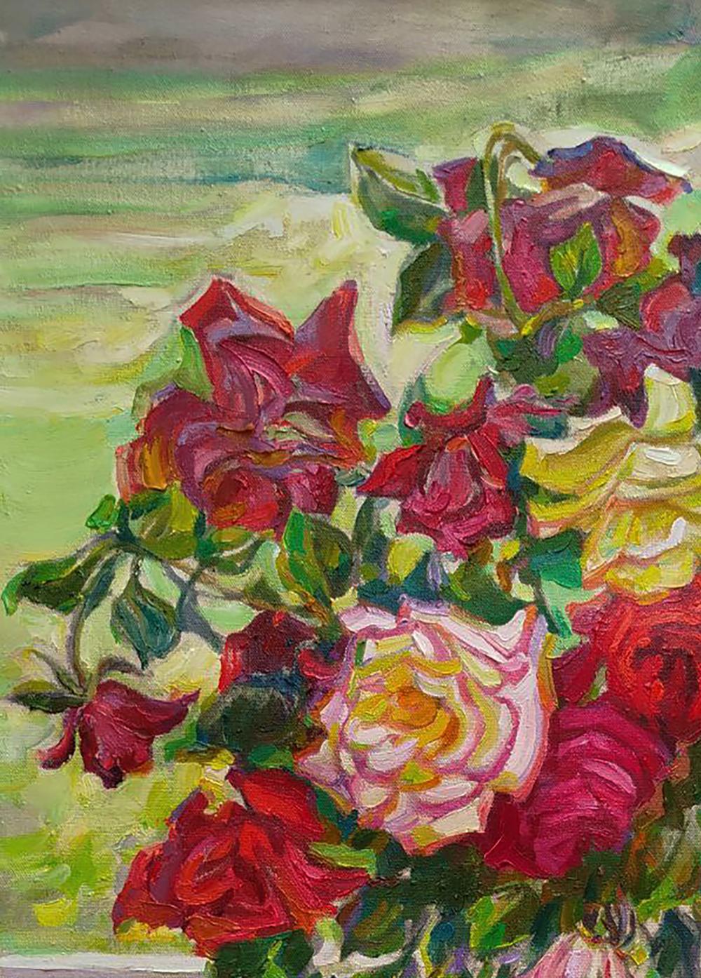 Oil painting of vibrant roses in reds purples pinks on balcony by Leonid Pavlenko