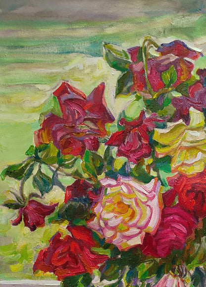 Oil painting of vibrant roses in reds purples pinks on balcony by Leonid Pavlenko