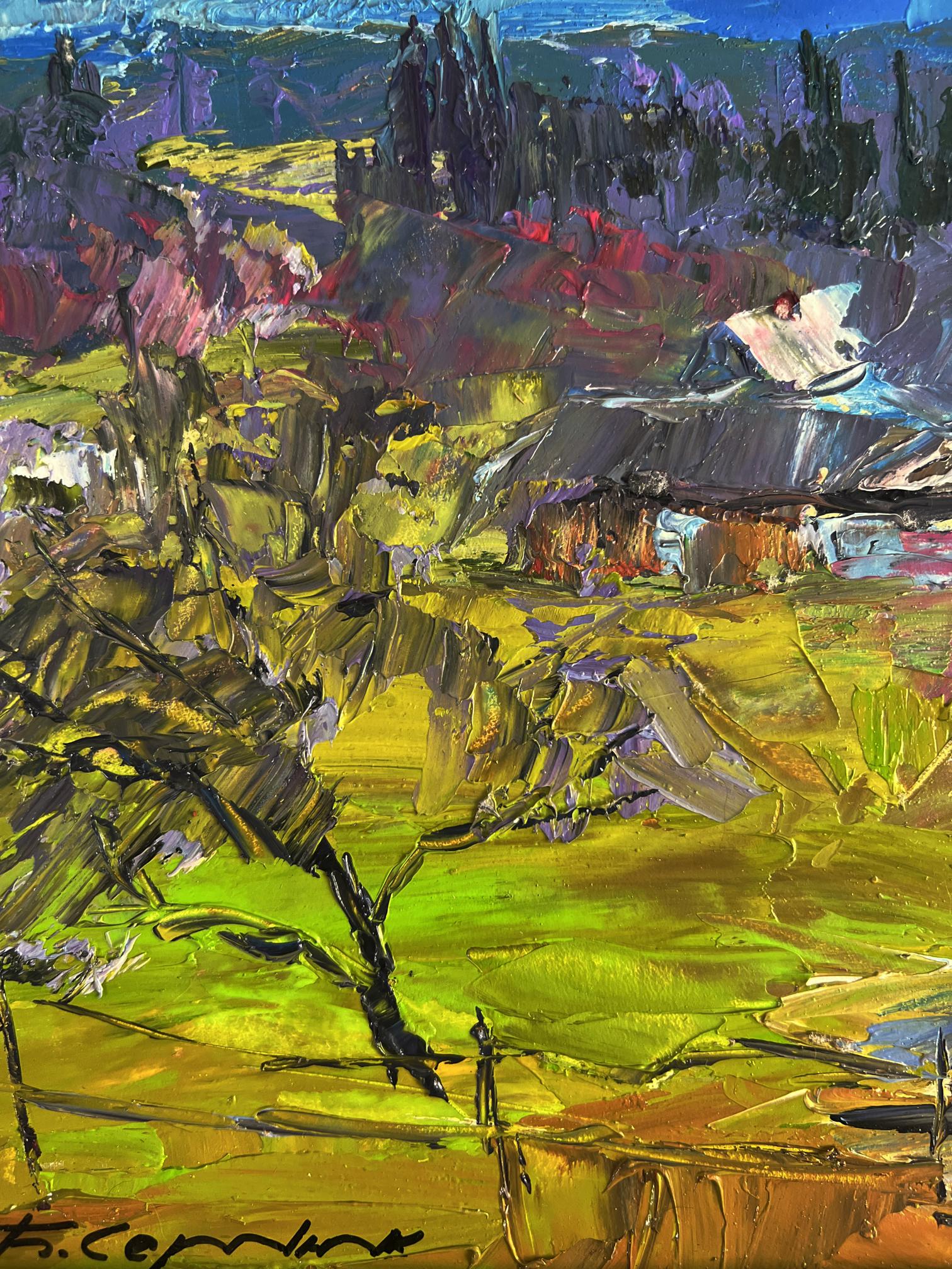 Vibrant impressionist oil painting of Boris Serdyuk village in mountains