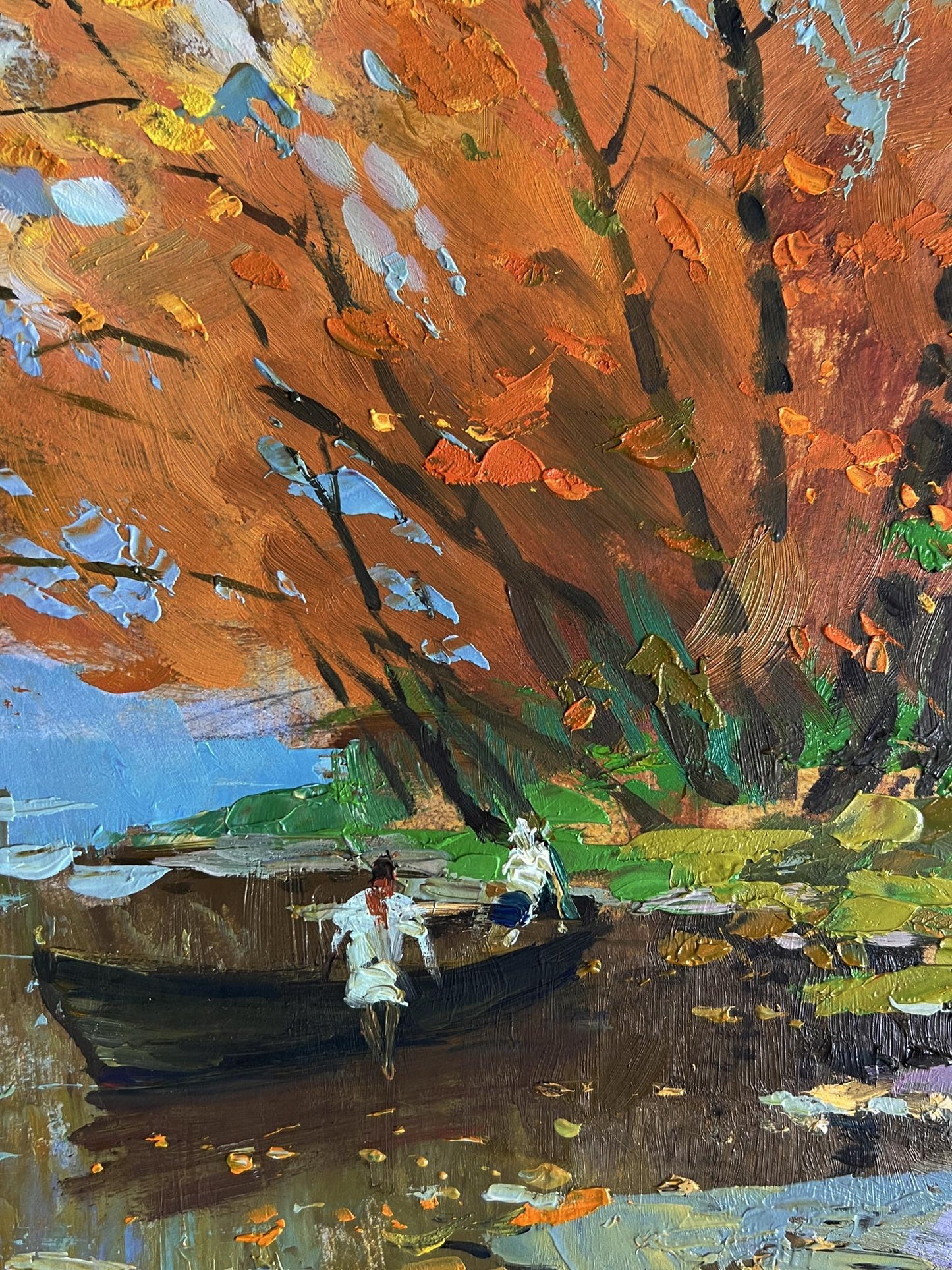 Oil painting On the autumn river by Yuriy Suprunchuk, vibrant impasto rowboat scene