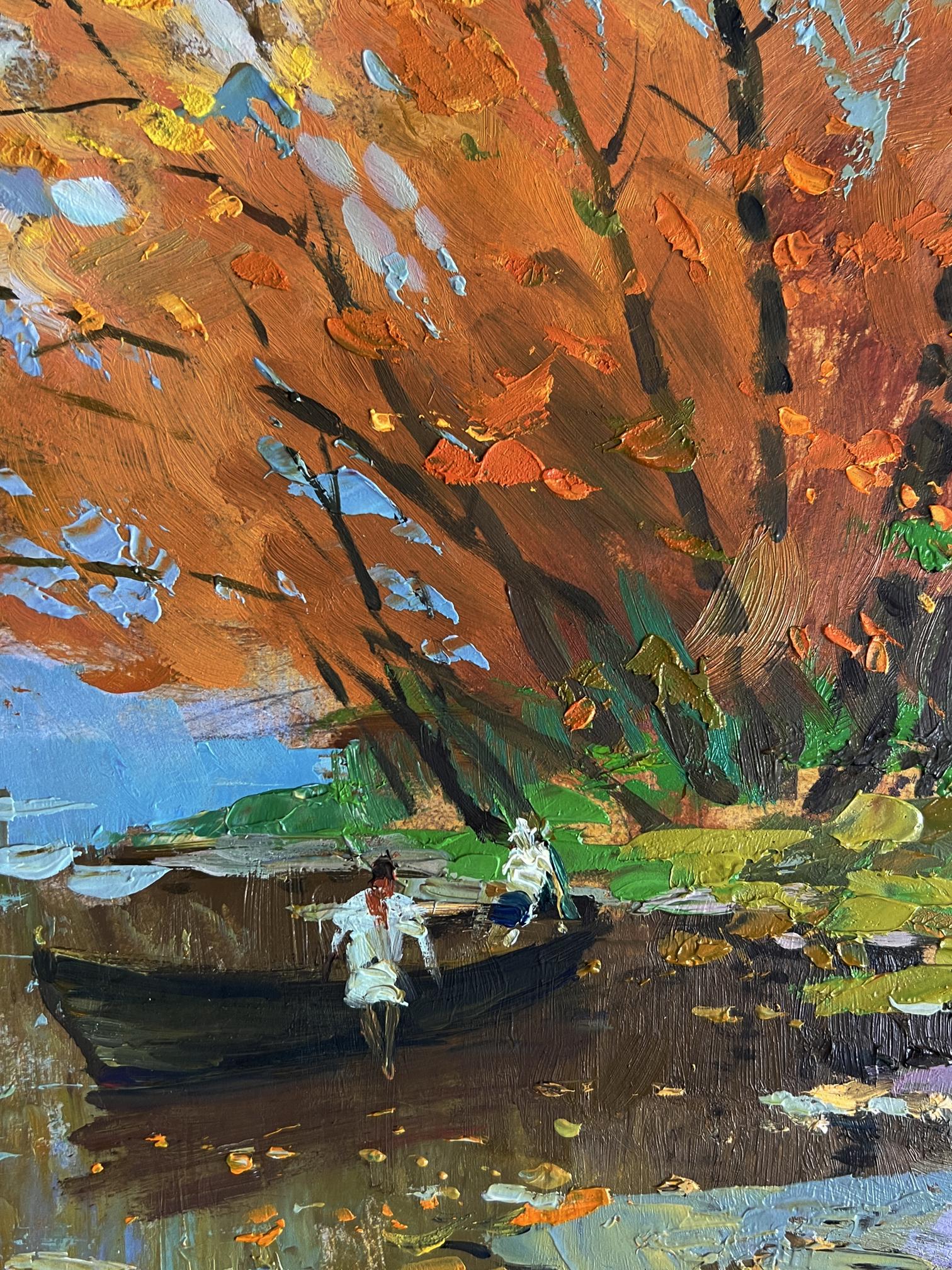 Oil painting On the autumn river by Yuriy Suprunchuk, vibrant impasto rowboat scene