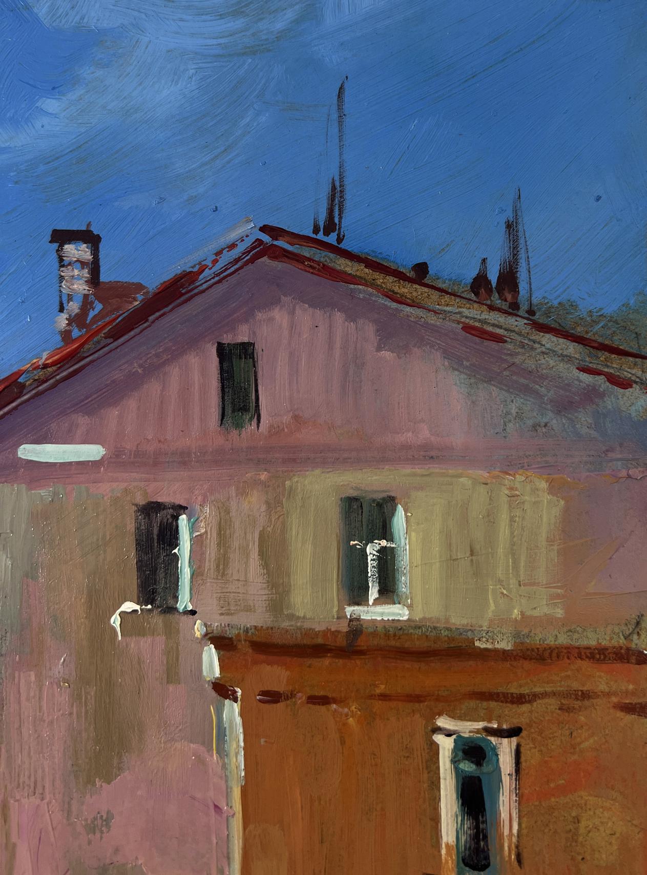 Oil painting by Yuriy Suprunchuk: pink orange house, red roof, blue sky