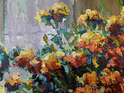 Vibrant impressionist oil painting The warmth of marigolds by Oksana Ivanyuk
