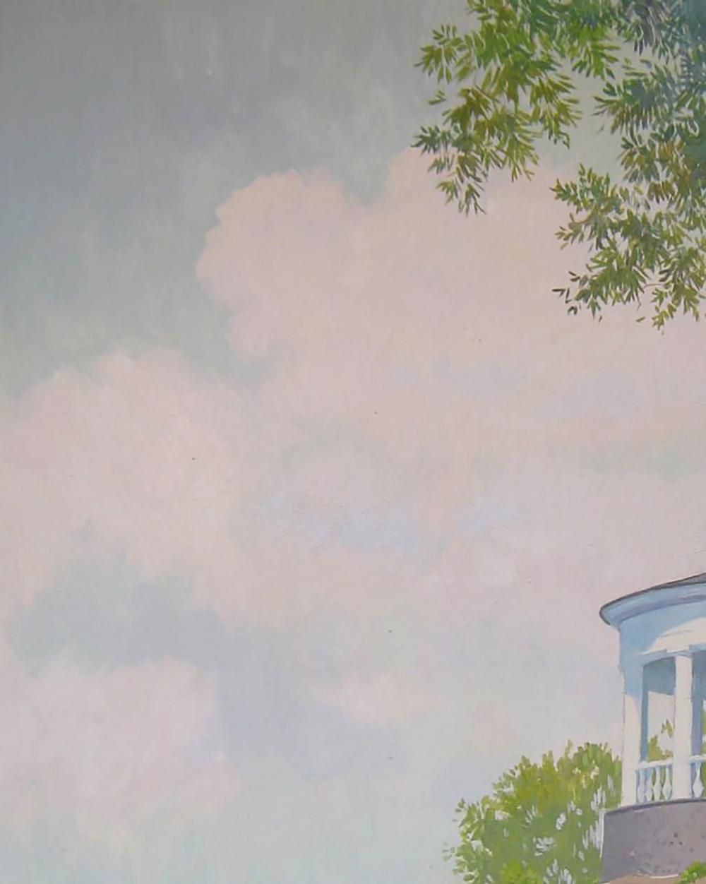 Acrylic painting Summer morning in the park by Valery Savenets, pastel sky and balcony