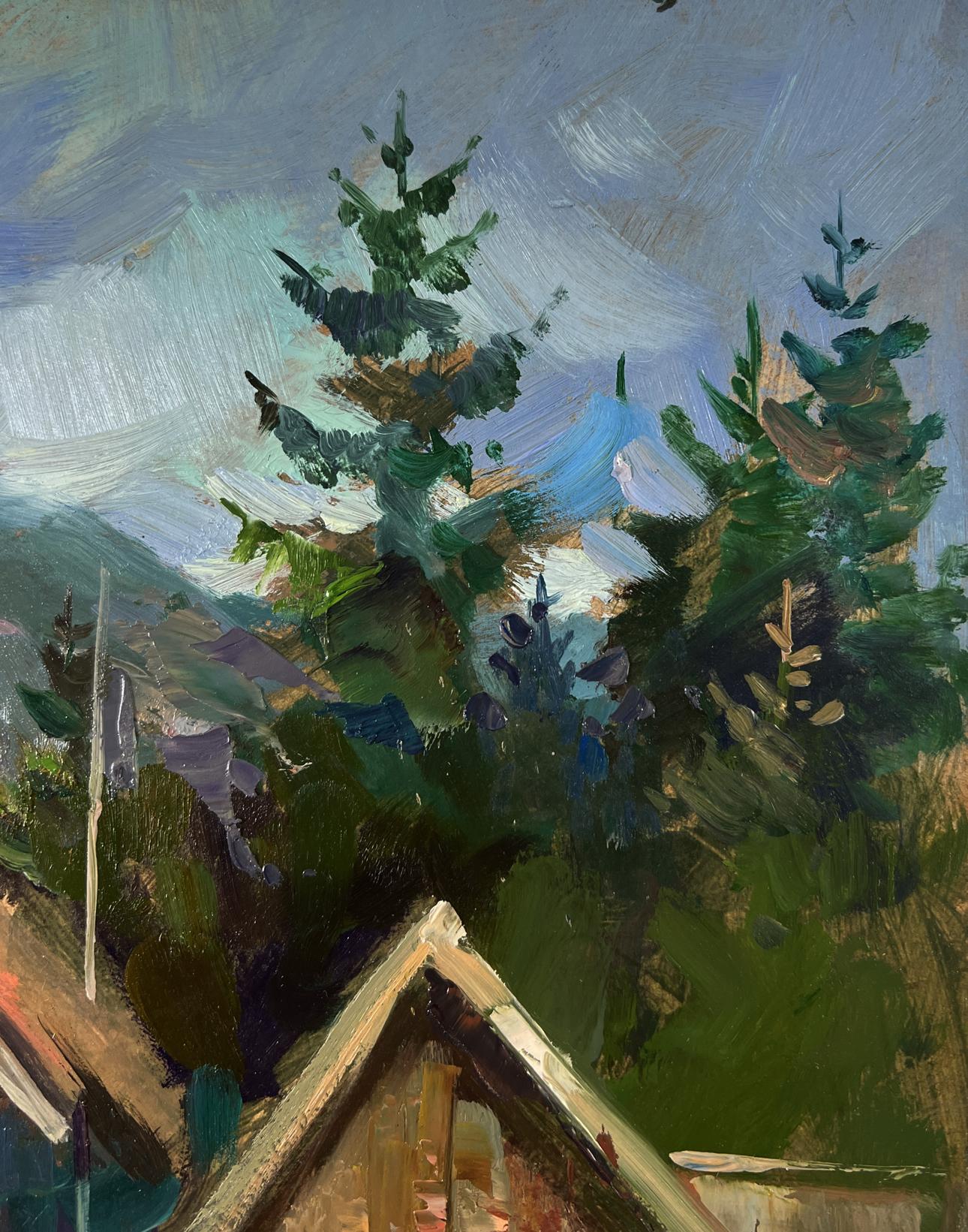 Textured impressionist oil painting of house on mountains by Yuriy Suprunchuk
