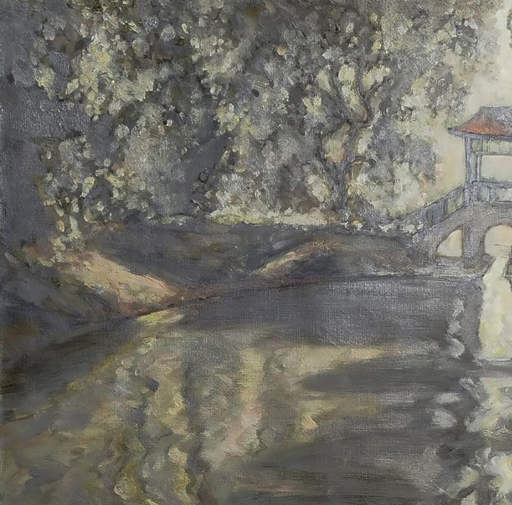 Serene oil painting of Chinese bridge by Leonid Pavlenko
