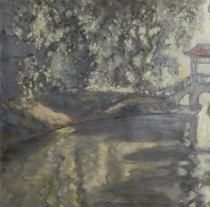 Serene oil painting of Chinese bridge by Leonid Pavlenko
