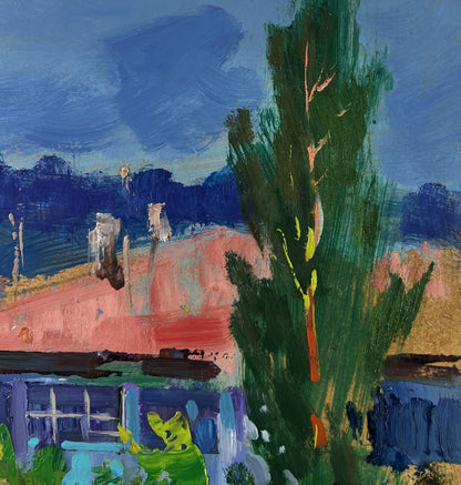 Oil painting of vibrant green tree by Yuriy Suprunchuk against purple sky
