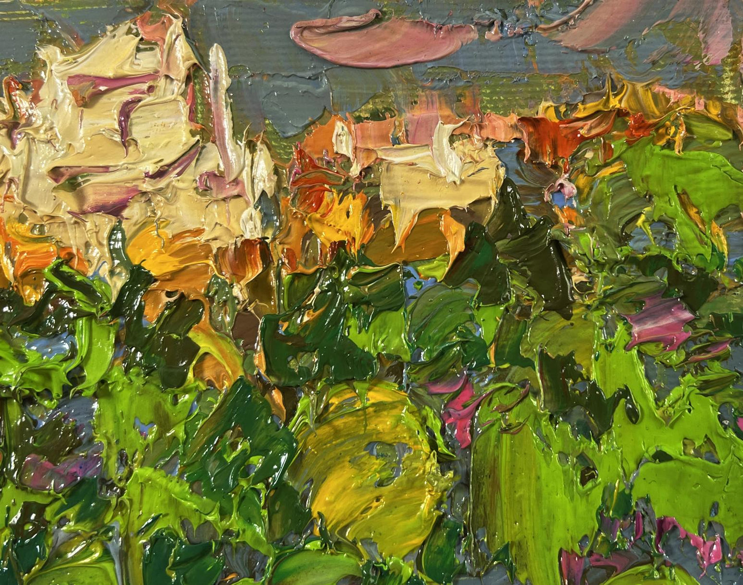 Vibrant impressionist oil painting by Oleksiy Ivanyuk of dynamic city rhythm