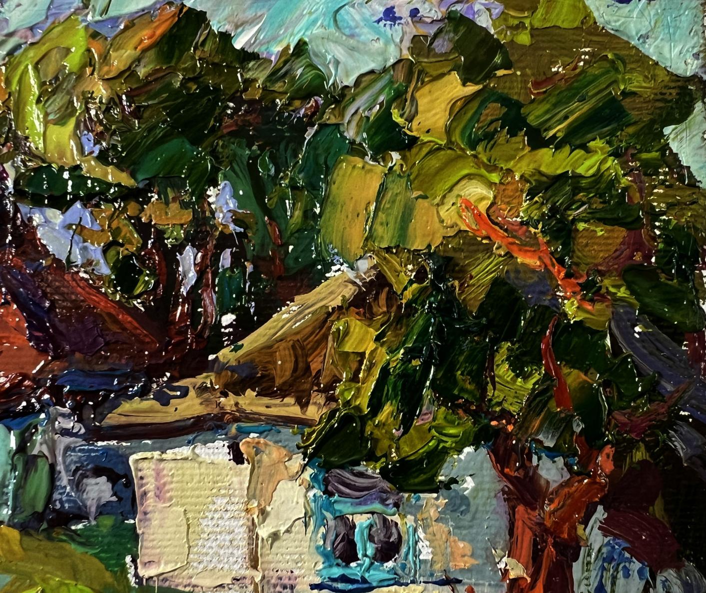 Vibrant impressionist oil painting of Oksana Ivanyuk quiet village courtyard cottage in lush foliage