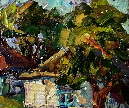 Vibrant impressionist oil painting of Oksana Ivanyuk quiet village courtyard cottage in lush foliage