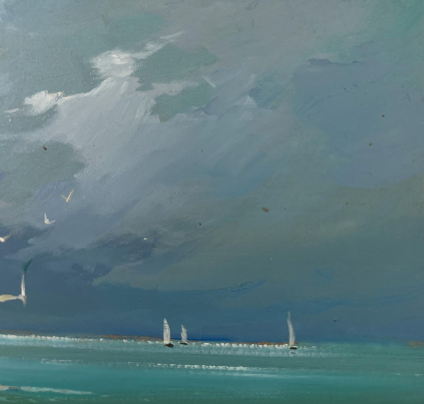 Oil painting of sailboats and seagulls over turquoise seashore by Yuriy Suprunchuk