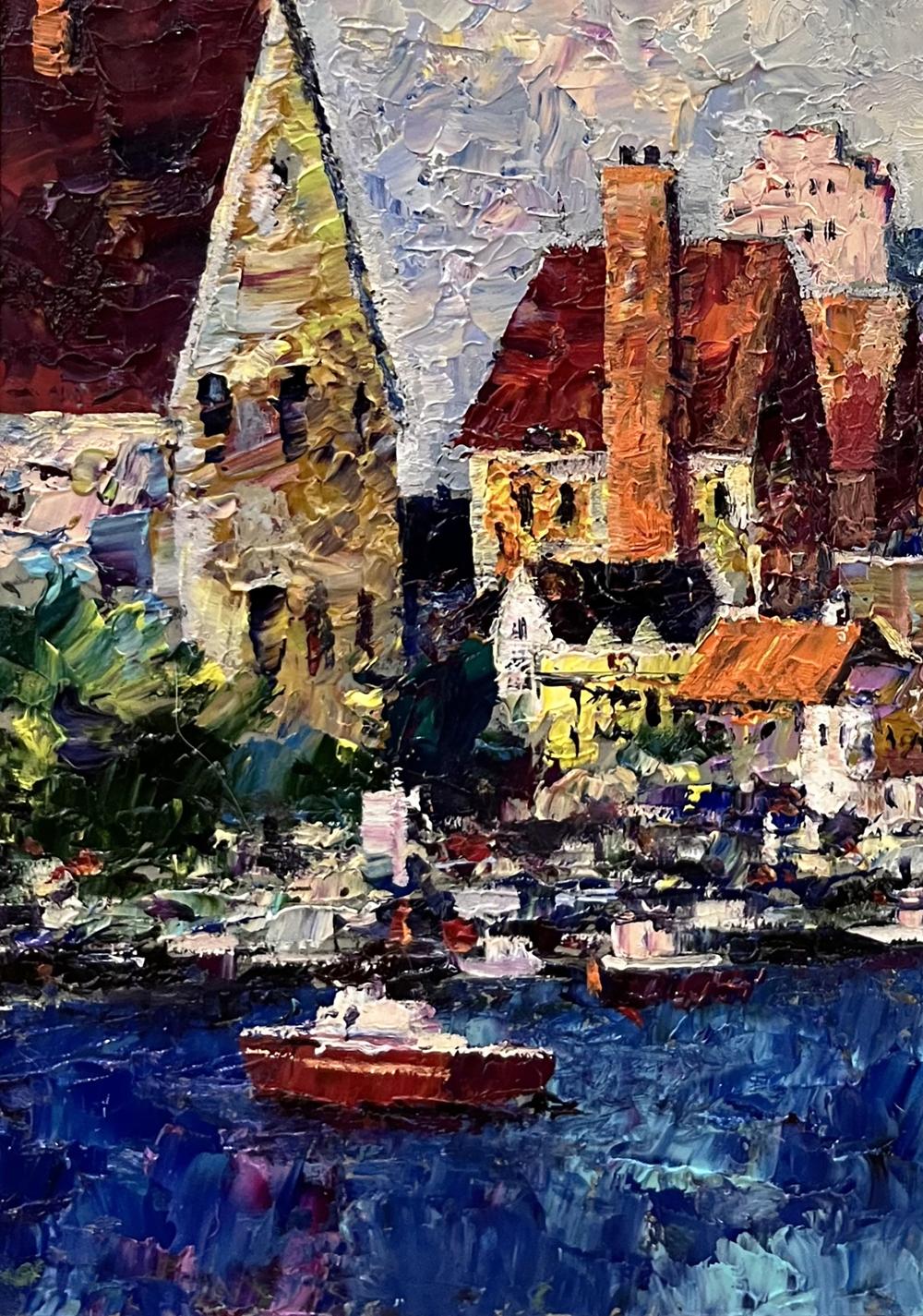 Vibrant impressionist oil painting of red boat in City boats at the ferry by Serhiy Rybak
