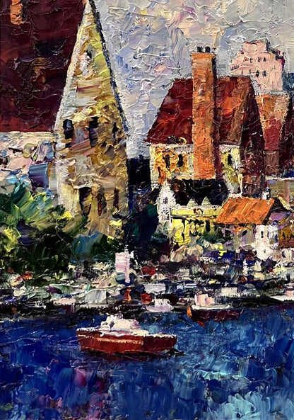 Vibrant impressionist oil painting of red boat in City boats at the ferry by Serhiy Rybak