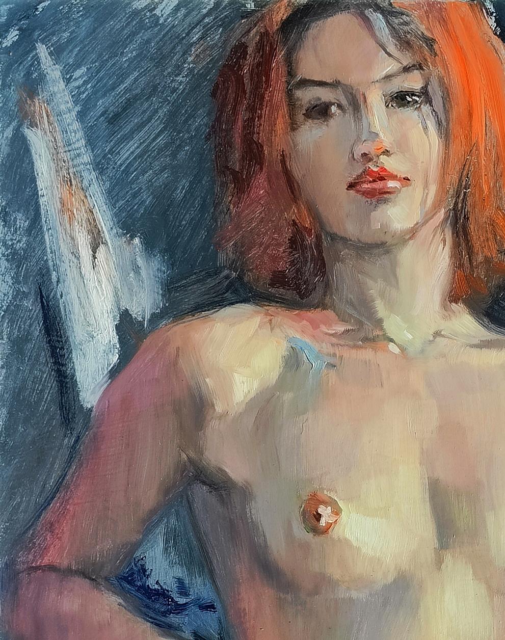 Oil painting portrait of confident girl Oksana Osnach with red hair and lips