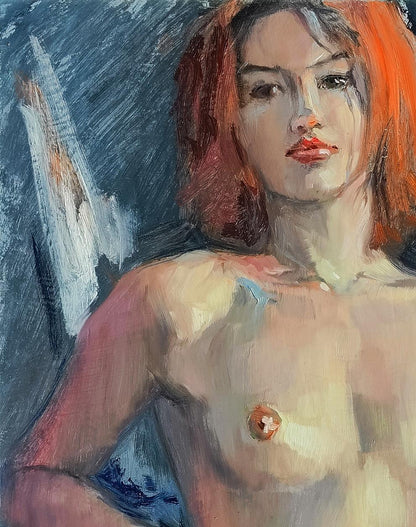 Oil painting portrait of confident girl Oksana Osnach with red hair and lips