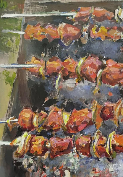 Oil painting by Leonid Pavlenko of grilled beef skewers over embers