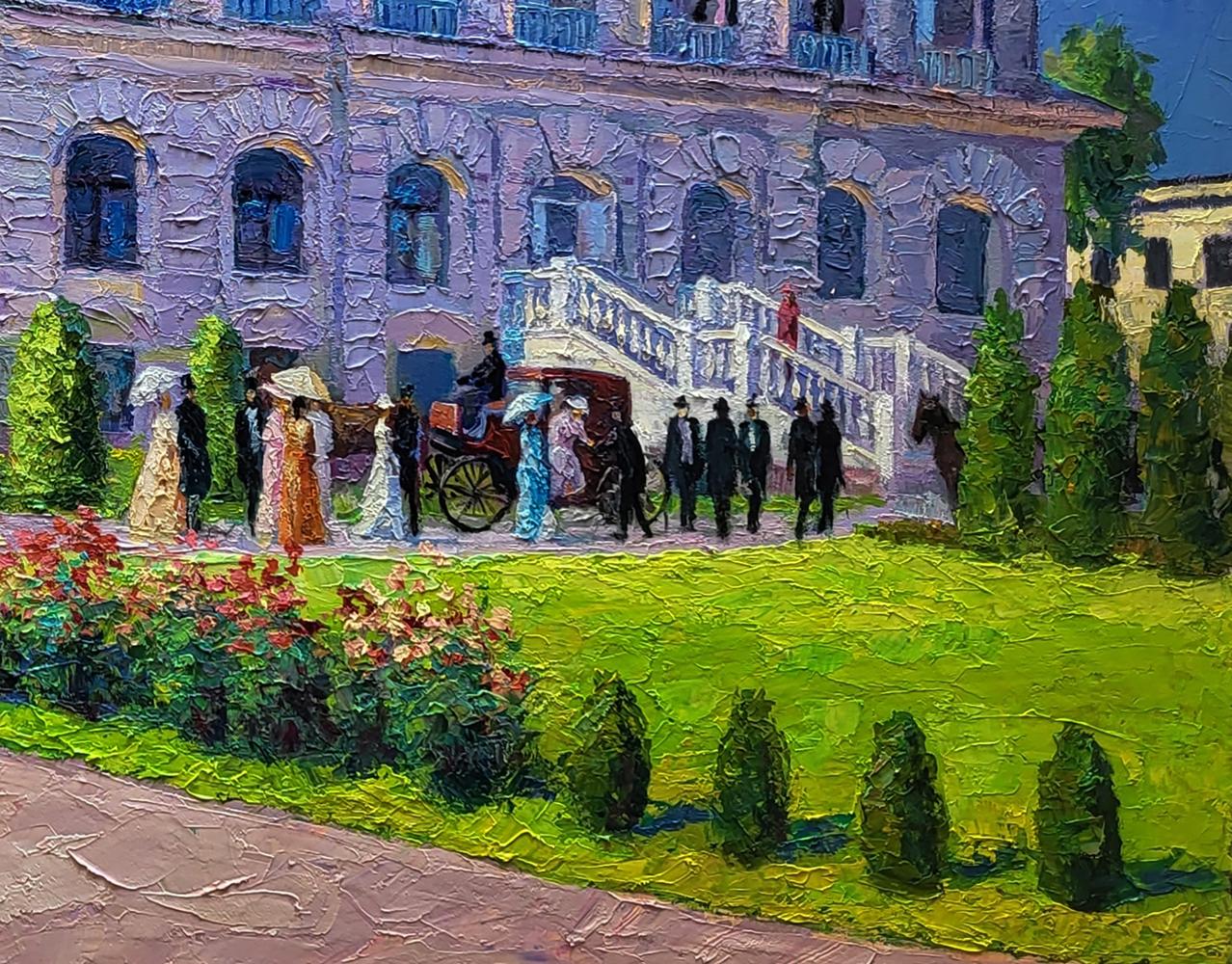 Oil painting of Boris Serdyuk Estate outside city vibrant mansion