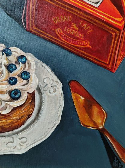 Oil painting of golden-brown pastry with frosting, blueberries on silver plate by Oksana Sklym