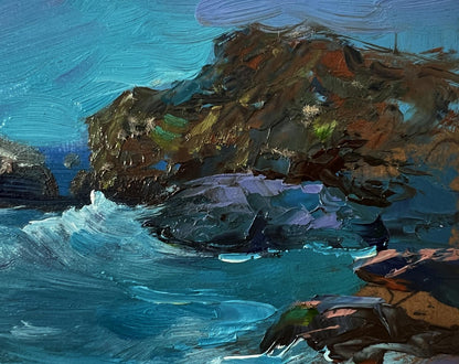 Vibrant impressionist oil painting by Yuriy Suprunchuk of boats on rugged coastal cliffs with crashing turquoise waves