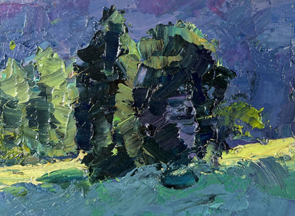 Impasto oil painting Not far from the lake by Boris Serdyuk with bold green, black, yellow strokes on purple sky