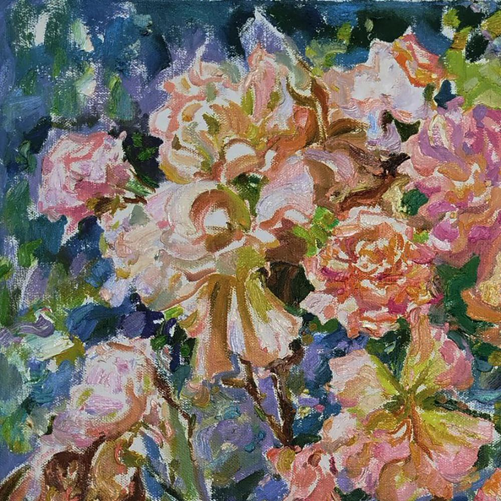 Vibrant impressionist oil painting of blooming rose bush by Leonid Pavlenko