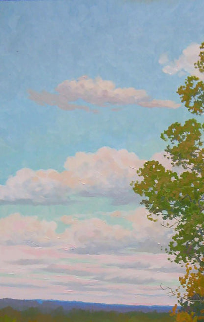 Serene pastel sky with green branch in oil painting Autumn meadows with horses by Valery Savenets
