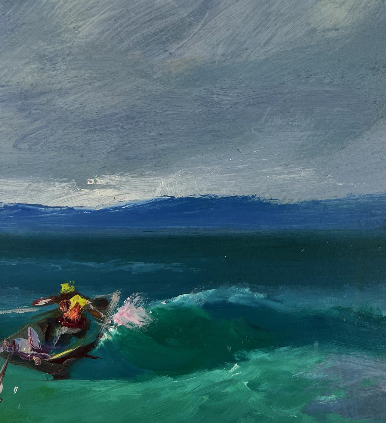 Oil painting Fishermen at Sea by Yuriy Suprunchuk: rower in yellow hat paddling rowboat in turbulent waves