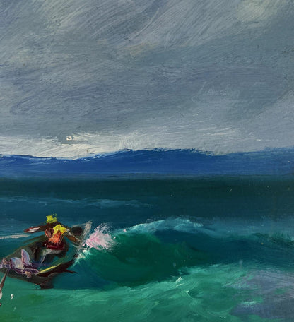 Oil painting Fishermen at Sea by Yuriy Suprunchuk: rower in yellow hat paddling rowboat in turbulent waves