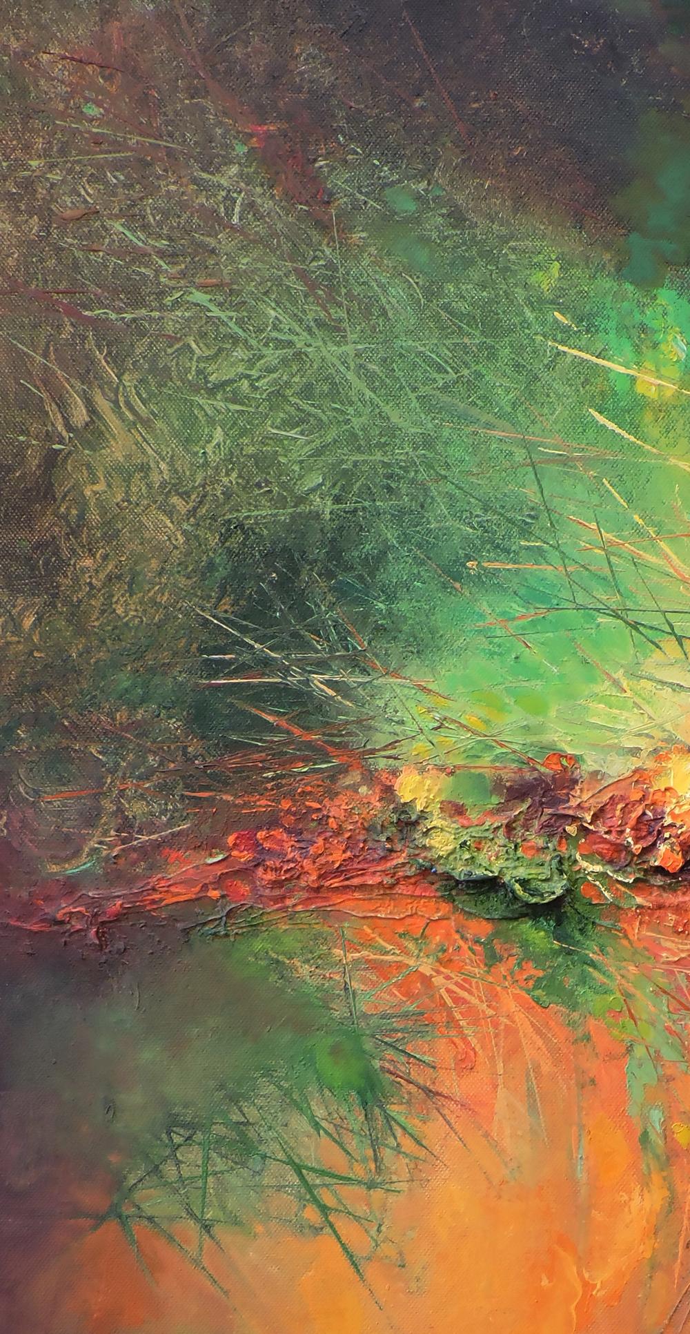 Oil painting Acute interaction by Oksana Osnach with bold green orange red strokes