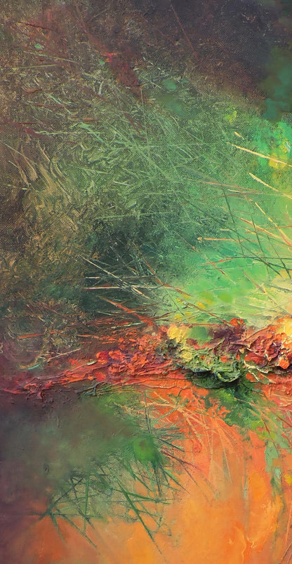 Oil painting Acute interaction by Oksana Osnach with bold green orange red strokes