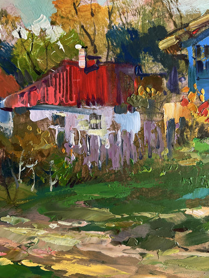 Vibrant impressionist oil painting of quiet village street by Yuriy Suprunchuk