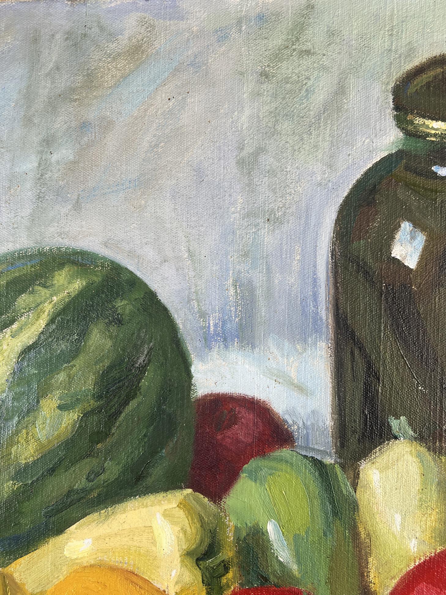 Oil painting On the dining table by Zinovy Filippov: brown jar, watermelon, vegetables
