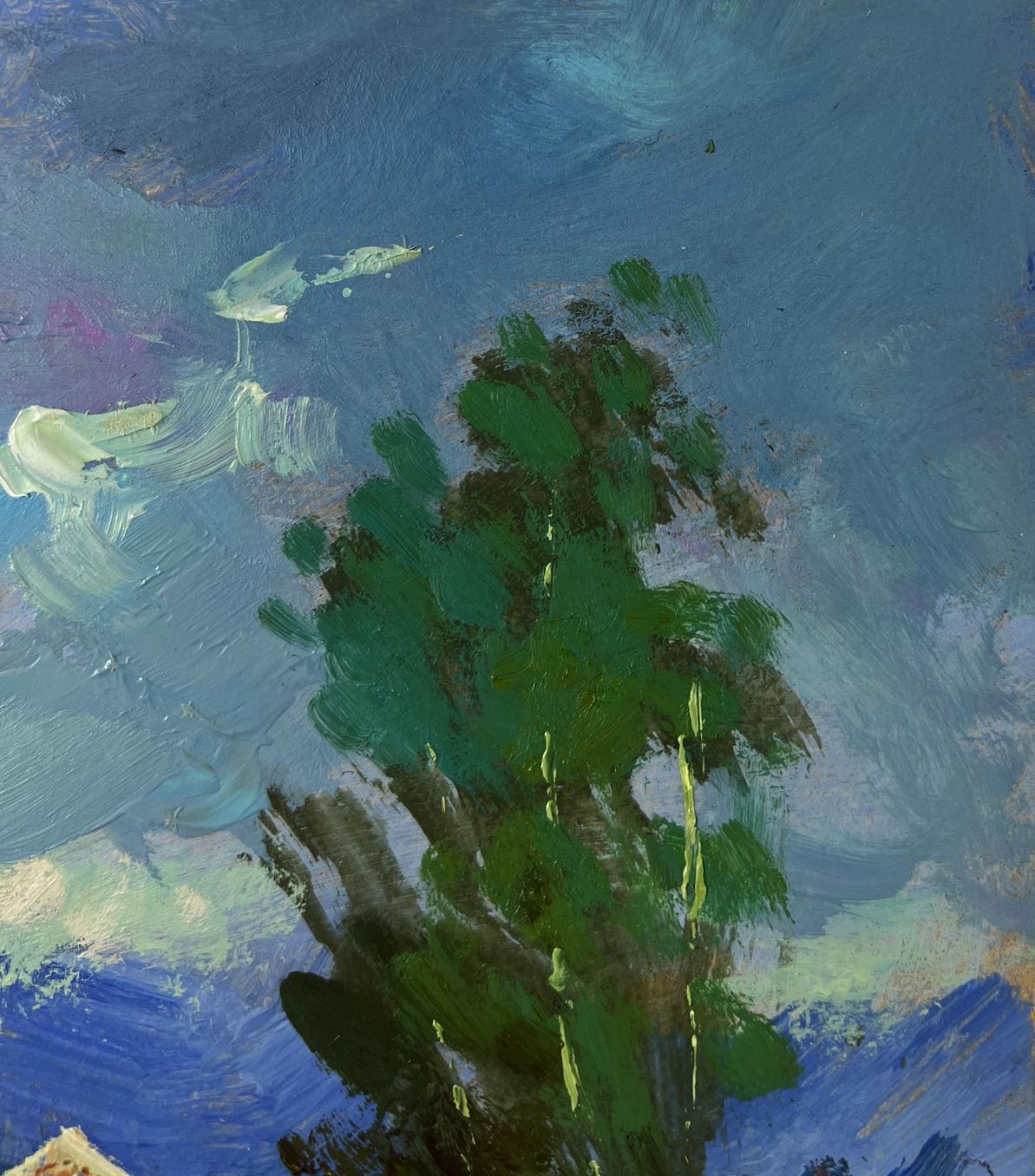 Oil painting of textured green tree by Yuriy Suprunchuk against blue sky