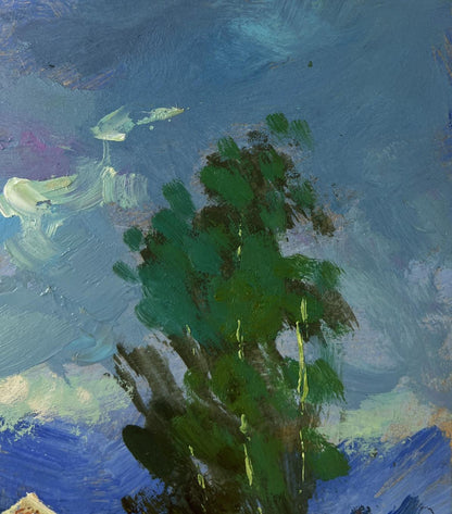 Oil painting of textured green tree by Yuriy Suprunchuk against blue sky
