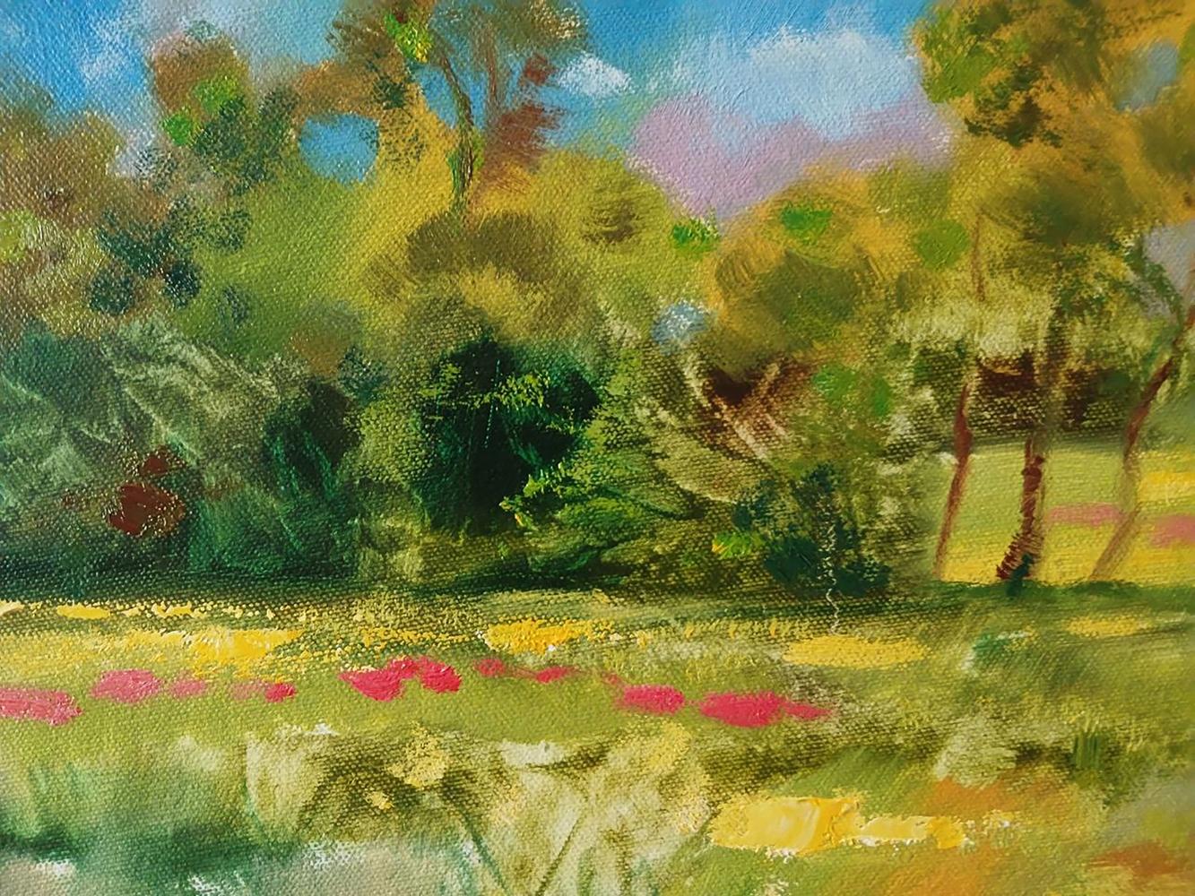 Vibrant impressionist oil painting of white horse galloping in lush green field of flowers by Anatoly Tarabanov