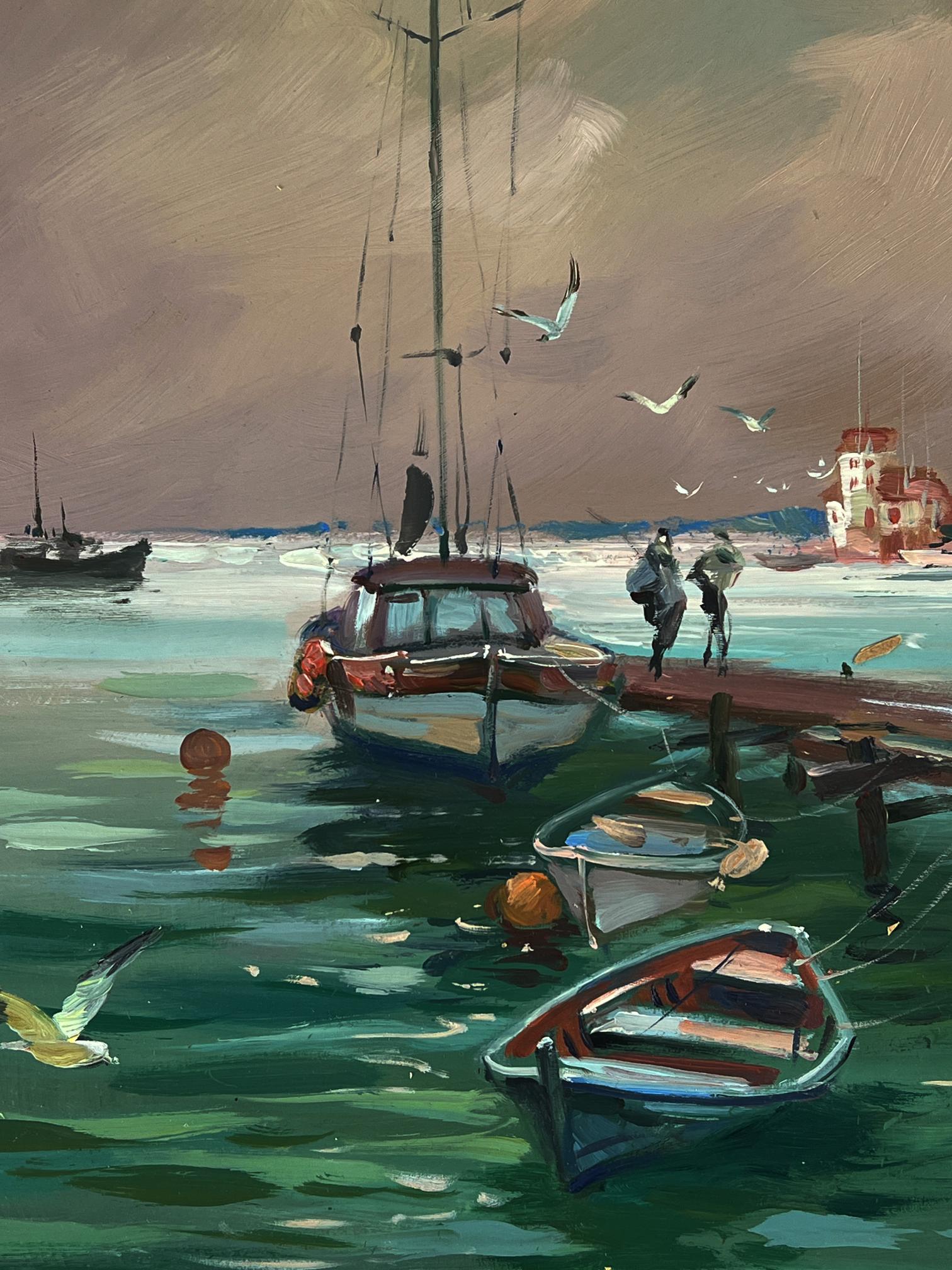 Serene impressionist oil painting of seagulls flying on wooden pier by Yuriy Suprunchuk