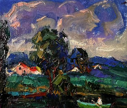 Vibrant impressionist oil painting Rain is coming to the village by Oksana Ivanyuk