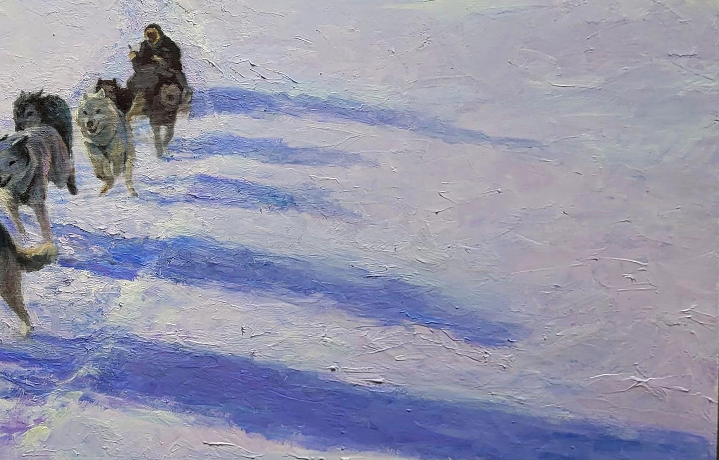 Oil painting of sled dogs by Boris Serdyuk sledding in snowy mountains