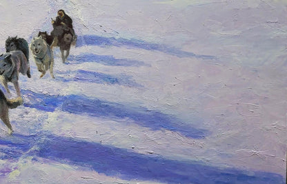 Oil painting of sled dogs by Boris Serdyuk sledding in snowy mountains
