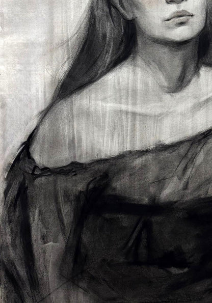 Detailed charcoal portrait sketch of Mariia Annam Butt with flowing dark hair