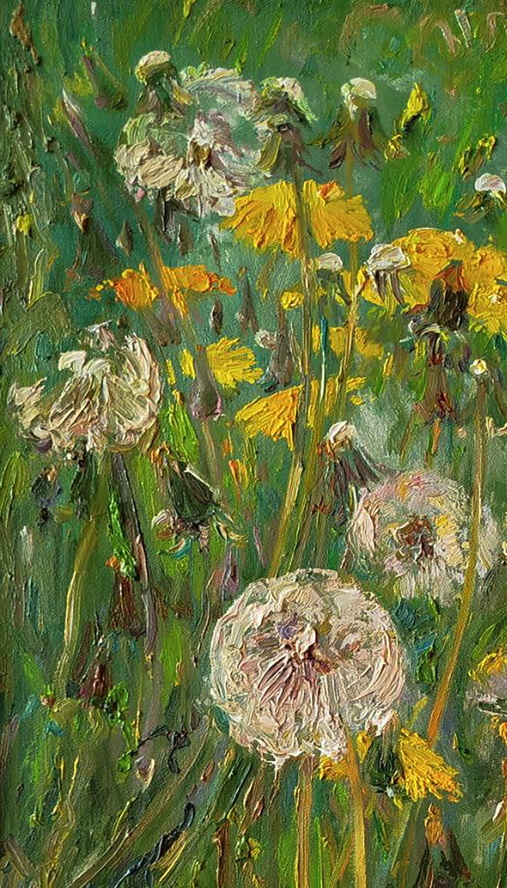 Vibrant oil painting of green dandelions field by Leonid Pavlenko